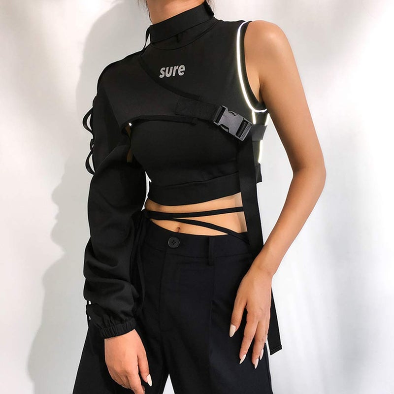 FlyCC Women Sexy One Shoulder Adjustable Buckle Crop Tops - Reflective Festival Rave Form Fitting Shrugs - Image 3